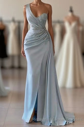 One shoulder blue Semi Formal Prom dress in mermaid pleats
